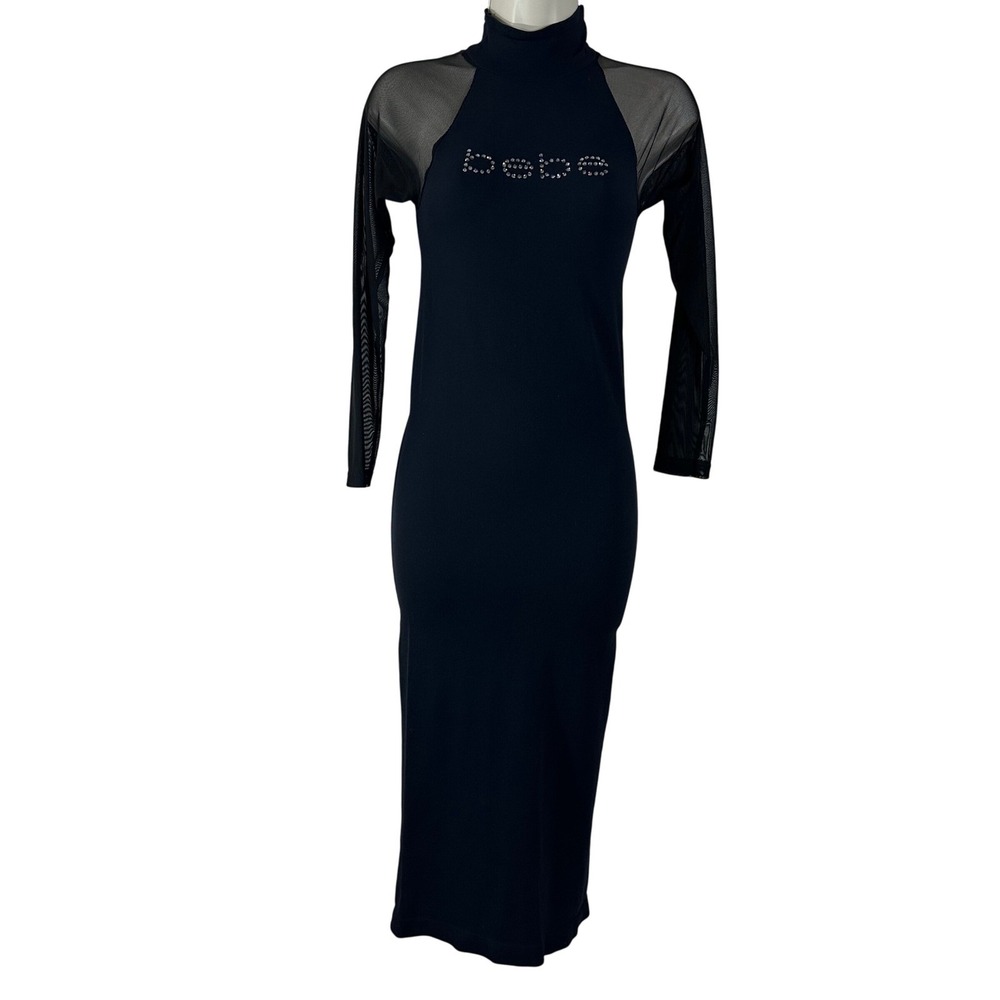 Bebe Womens Black Ribbed Mock Neck Mesh‎ Sleeve Rhinestone Logo Midi Dress M/L